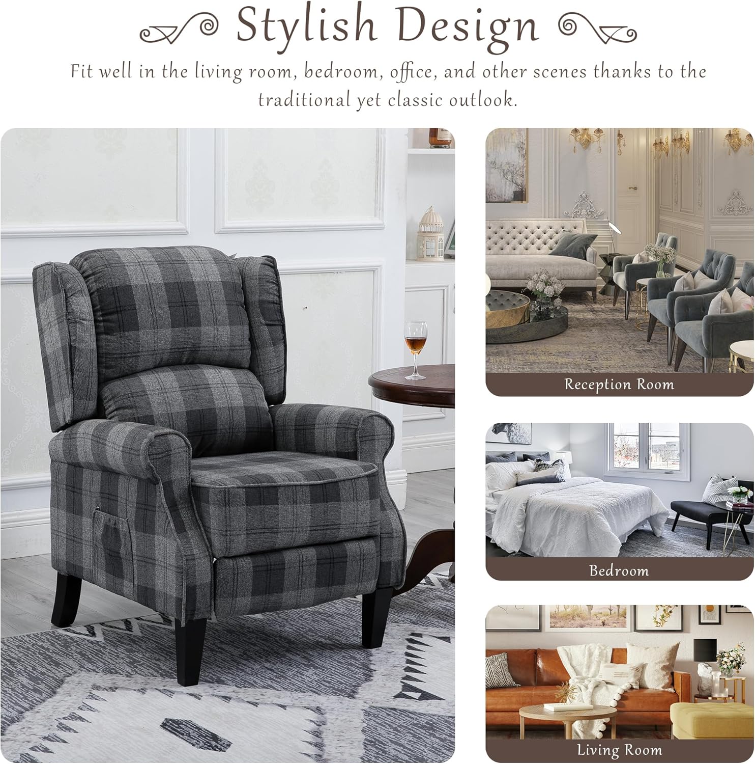 Modern Comfortable Upholstered Leisure Chair Multifunctional Recliner Chair Single Sofa with Footrest Small Recliner Chair for Small Spaces,Grey Check