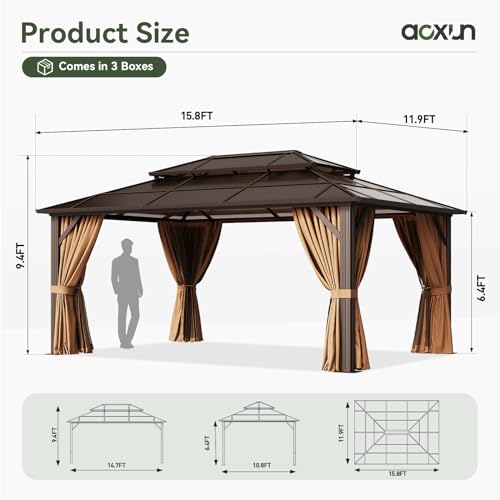 Aoxun 12'x10' Hardtop Gazebo, Aluminum Frame Permanent Pavilion with Curtains and Netting, Outdoor Polycarbonate Double Roof Canopy