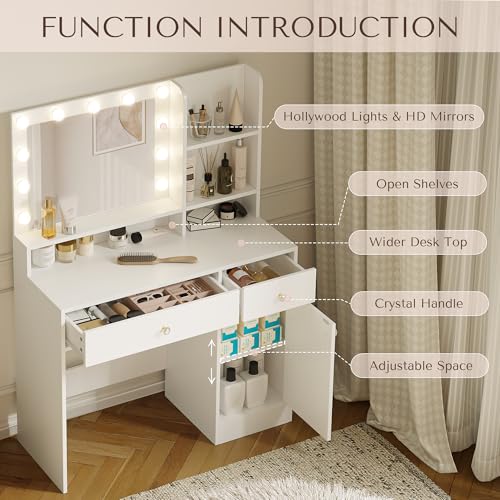 Vanity Desk with Mirror and Lights, Diamond Edition Vanity Desk, Makeup Vanity Table with 3 Drawers & 5 Open Shelves