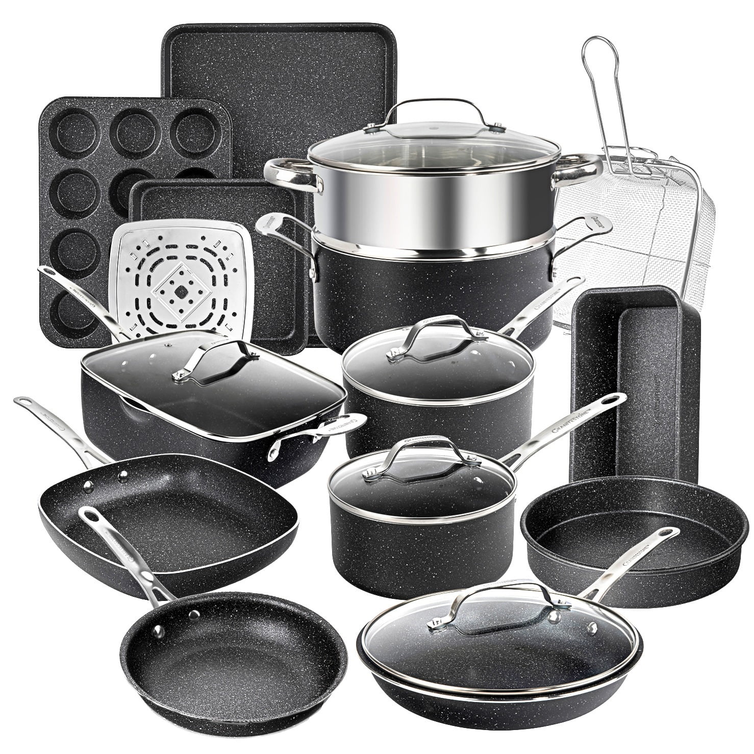 Granitestone Pots and Pans Set, 20 Piece Complete Cookware + Bakeware Set with Ultra Nonstick 100% PFOA Free–Includes Frying Pans, Saucepans