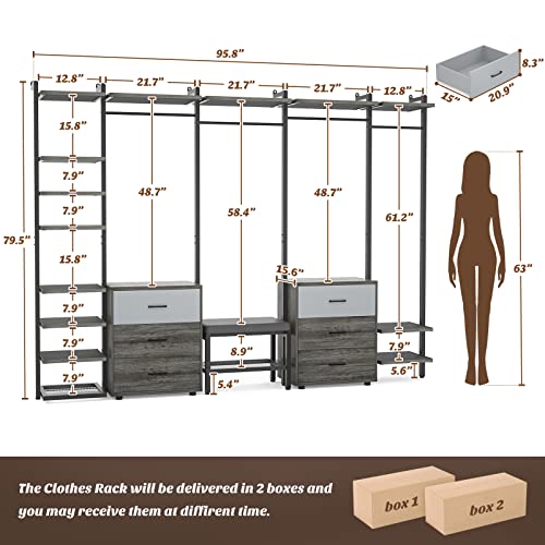 Aheaplus Clothing Rack Heavy Duty Closet Organizer for Hanging Clothes, Large Wall Mounted Garment Rack Clothes Rack with 6-Drawers for Wardrobe