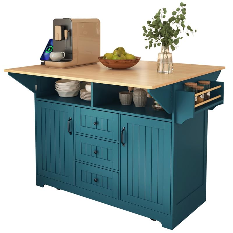 55.7'' Large Kitchen Island with 2 Drop Leaf, Rolling Kitchen Cart on 5 Wheels with Power Outlet