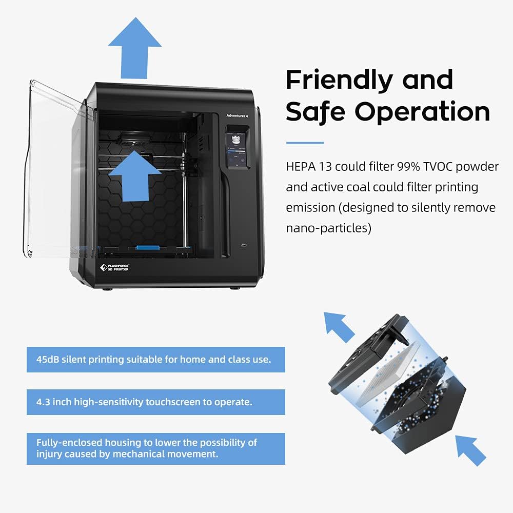 Flashforge Adventurer 4 3D Printer Leveling-Free with Quick Removable Hign Temp Nozzle Large 3D Printer Built-in HD Camera and HEPA13 Air Filter