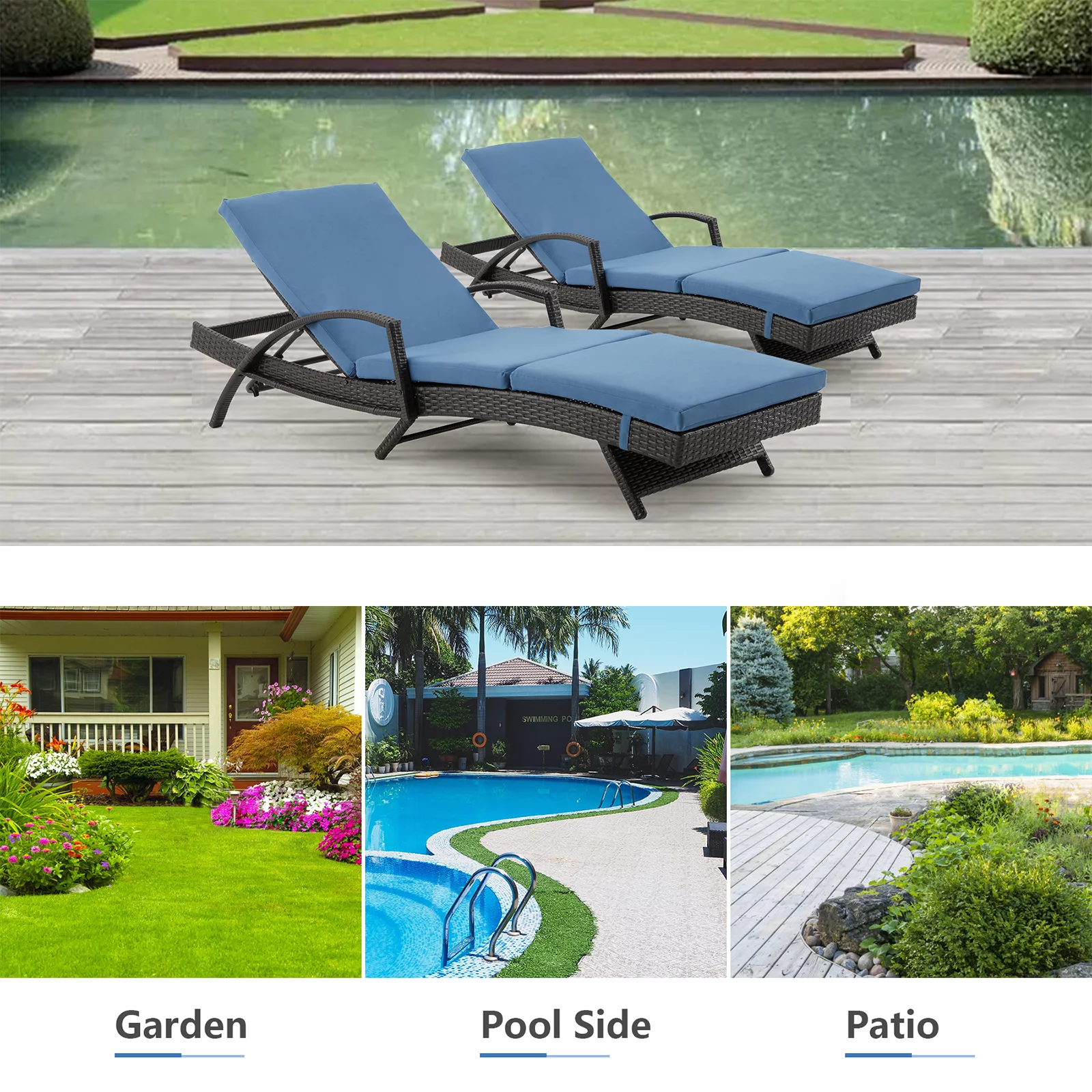 HOMREST Chaise Lounge Chair with 5 Adjustable Position Thickened Cushion Outdoor Reclining Chaise for Patio Backyard(BLUE)