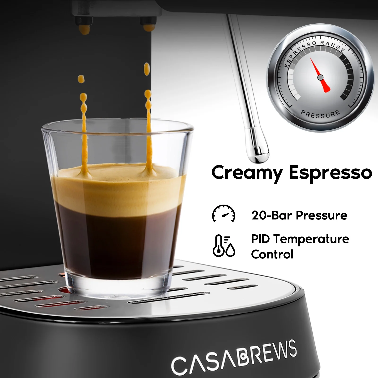 Casabrews 20 Bar Espresso Machine with Milk Frother Steam Wand, Professional Cappuccino Machine,  Stainless Steel, Black