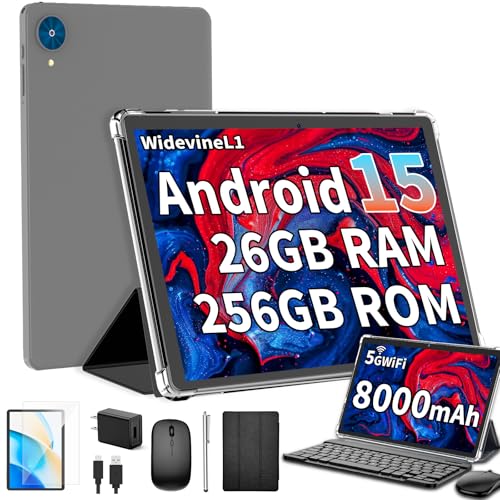 Android 15 Tablet with Keyboard, 26GB+256GB(2TB Expand), 10.1 Inch Tablet 8000 mAh Battery, BT 5.0, 5G WiFi, Widevine L1, Dual Camera