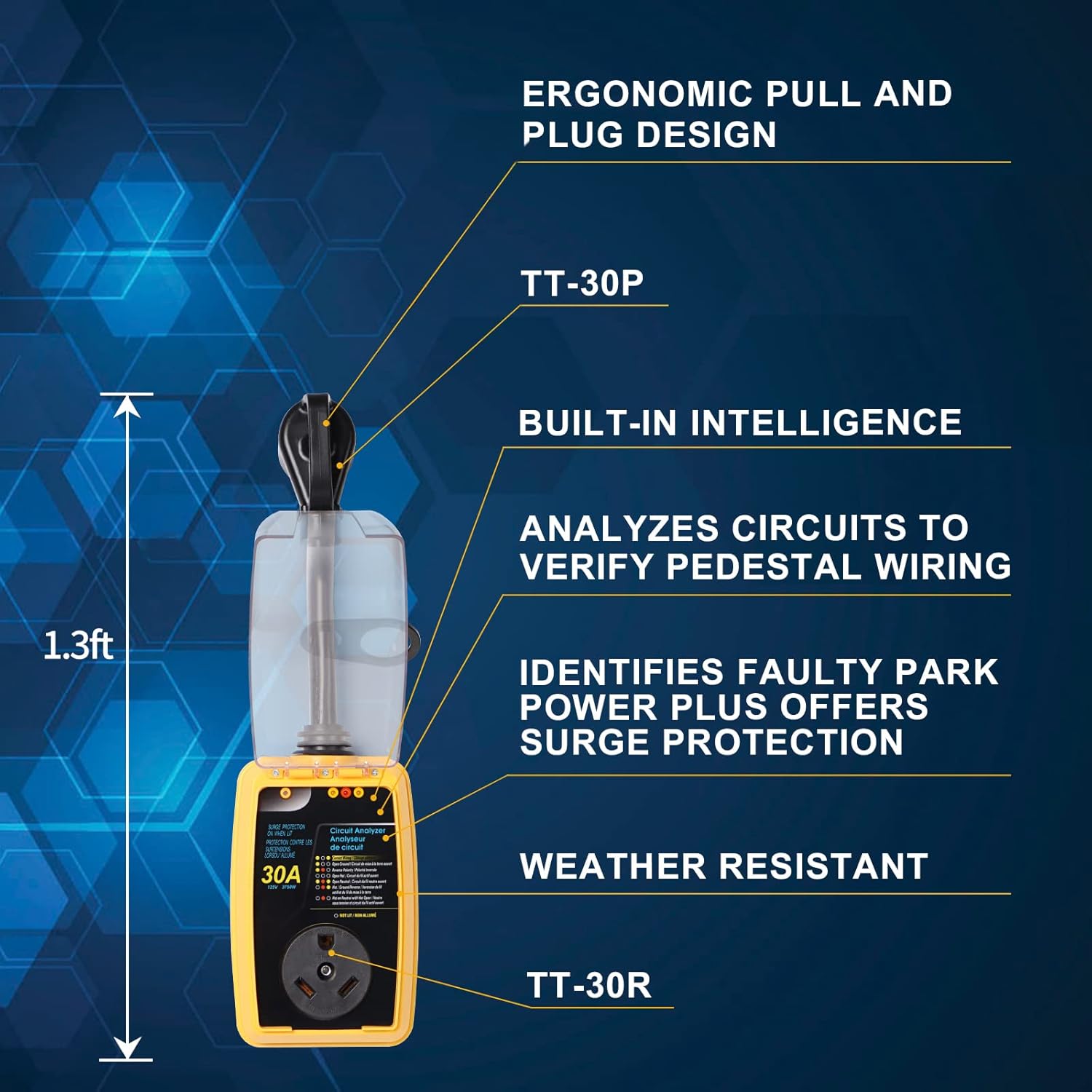 M1A2 New Generation RV Surge Protector 30 Amp with Waterproof Cover Camper Anti-Theft Circuit Analyzer Tester Plug with UL Tested