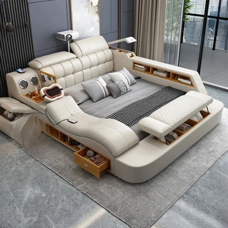 Girl Nordic Aesthetic Double Bed Storage Multifonction Modern King Double Bed Leather Smart Cama Matrimonial Bedroom Furniture