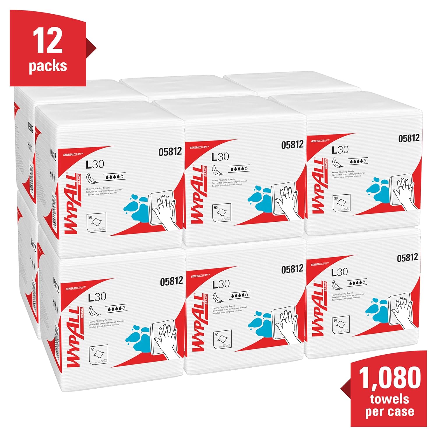 WypAll General Clean L30 Heavy Duty Cleaning Towels (05812), Strong and Soft Wipes, White, 12 Packs / Case, 90 Towels / Pack
