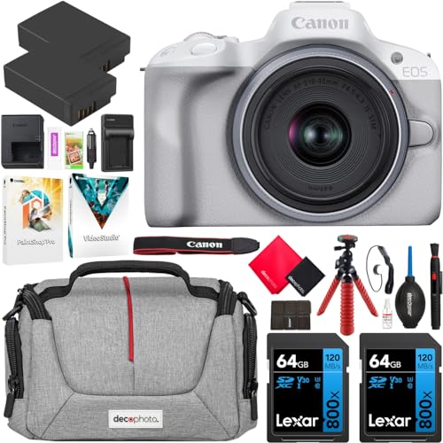 Canon EOS R50 Mirrorless Camera (White) with RF-S 18-45mm F4.5-6.3 is STM Lens 5812C012 Bundle with Deco Gear Photography Bag + 2 x Battery + 2 x