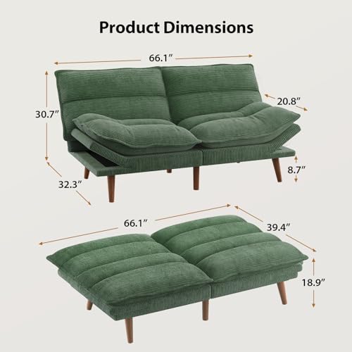 Pipishell Convertible Futon Sofa Bed,66" Corduroy Futon Couch with Adjustable Backrest and Armrests, Recliner Sleeper Sofa for Small Spaces
