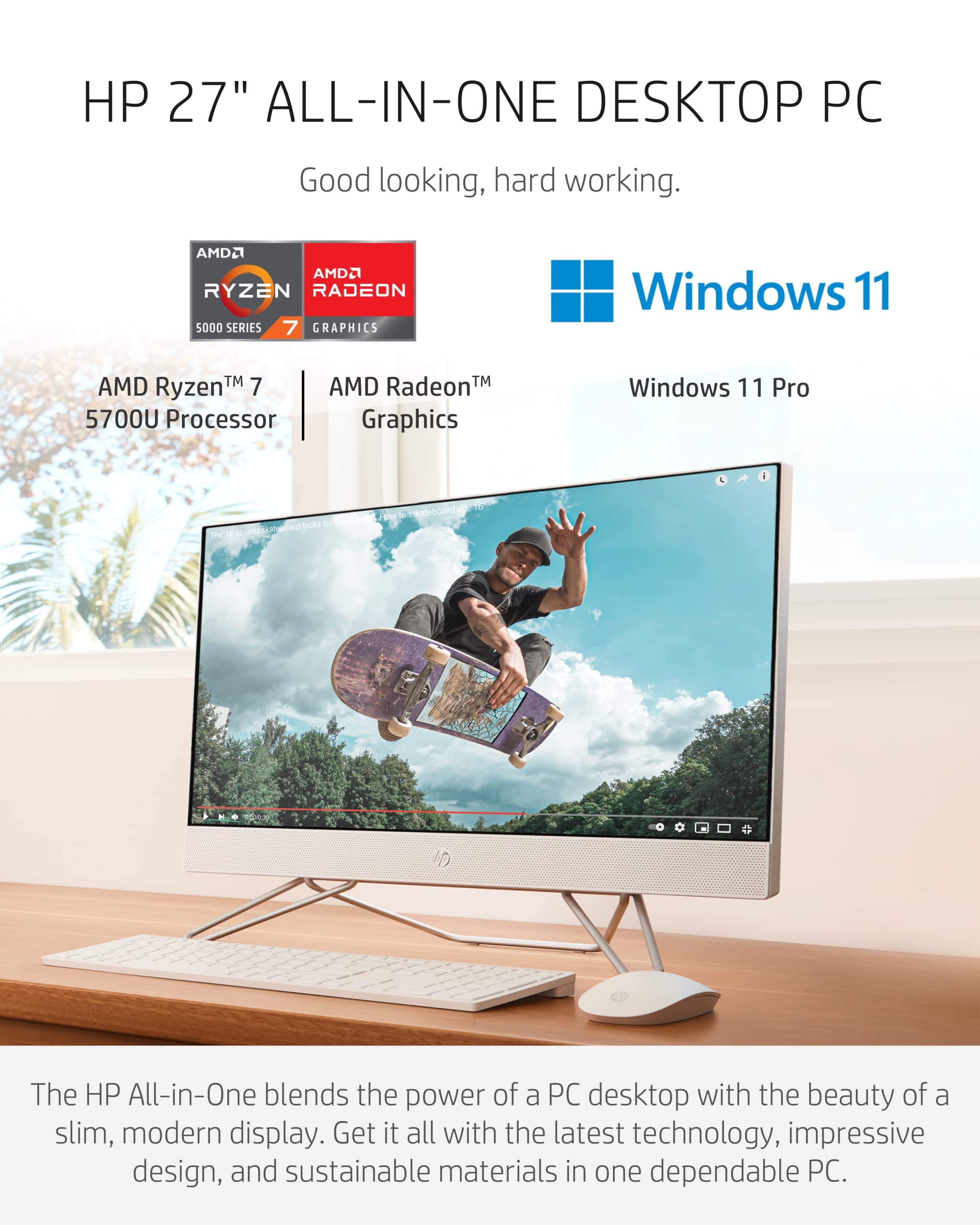 HP 27” All-in-One Desktop PC, AMD Ryzen 7 5700U, 12 GB RAM, 256 GB SSD & 1 TB Hard Drive, Full HD IPS Display, Windows 11 Pro, 720p Privacy Webcam