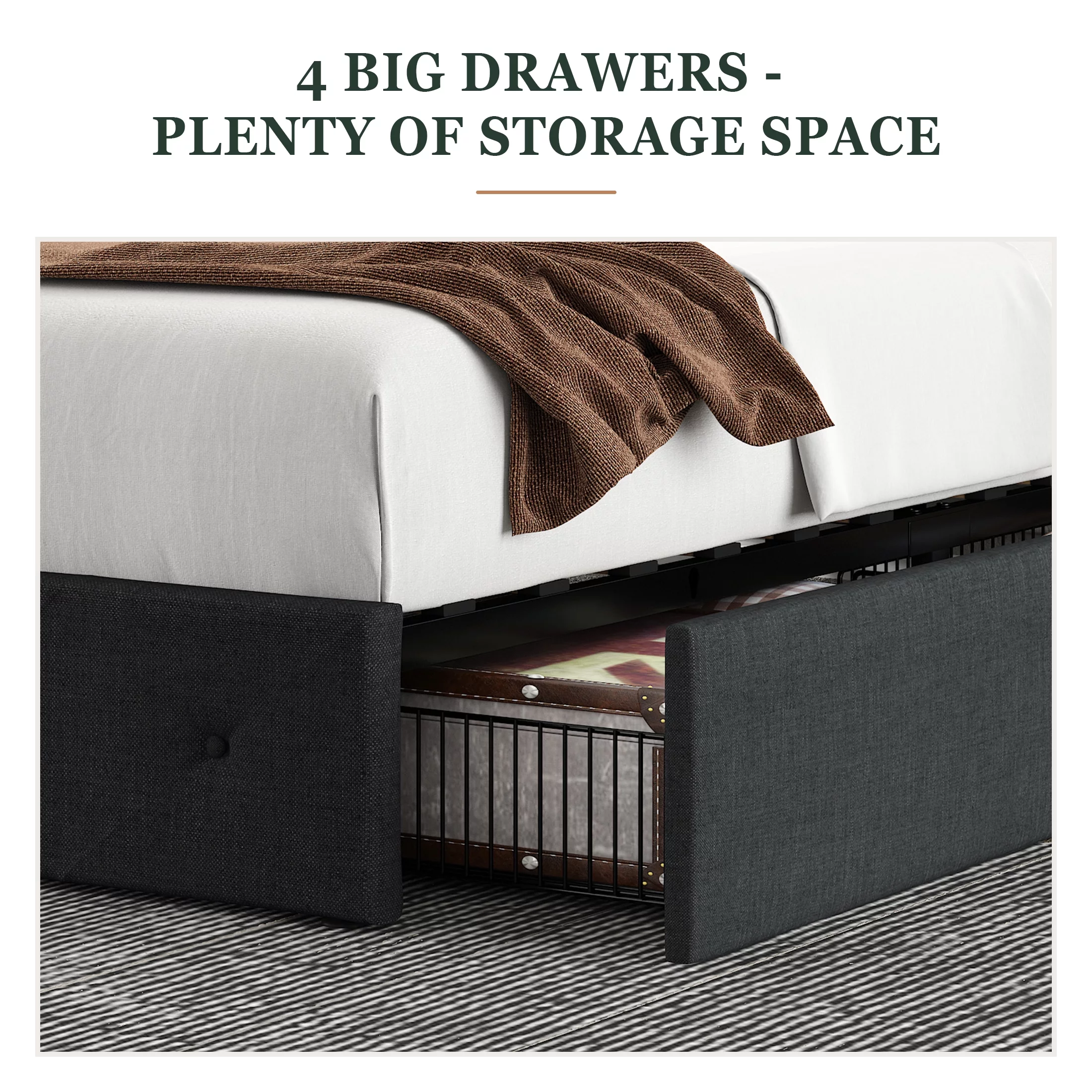 Amolife King Size Platform Bed Frame with Headboard and 4 Drawers, Dark Grey - Radiant Selections