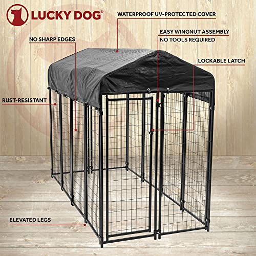 Stay Series 4 by 4 by 4.3 Feet Studio Jr. Black Powder Coat Steel Frame Outdoor Dog Kennel with Waterproof Canopy Roof and Gate Door, Khaki
