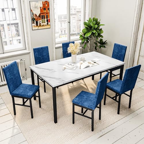 Recaceik Dining Table Set for 6, Faux Marble 7 Piece Dining Table Set with Chairs