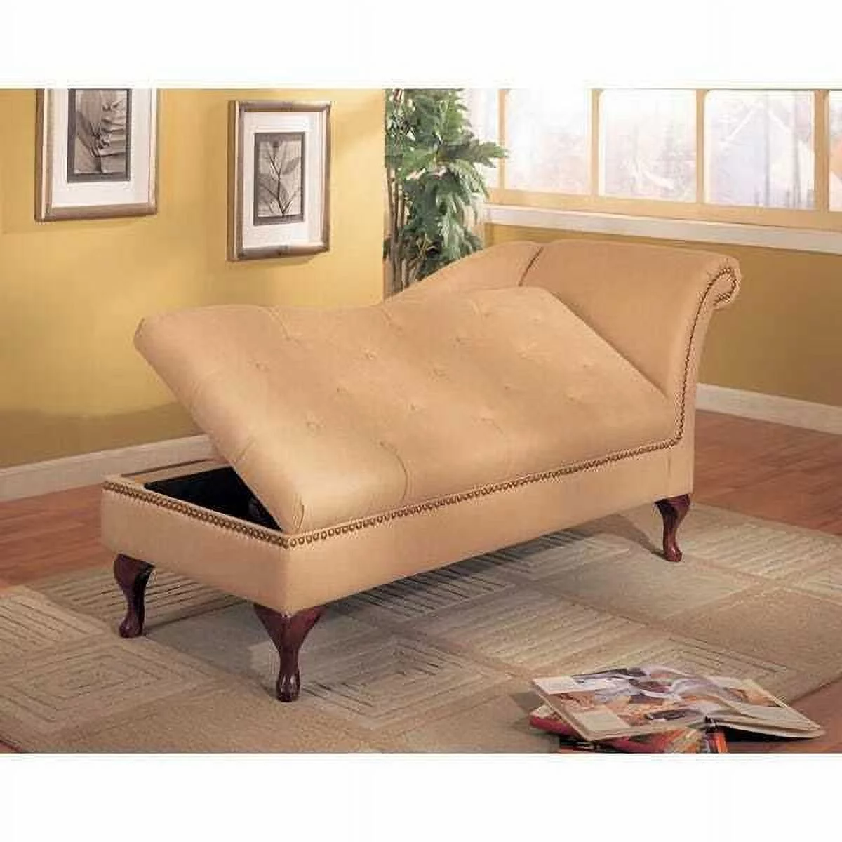 Traditional Tan Microfiber Chaise Lounge Lounger with Flip Open Seat Storage