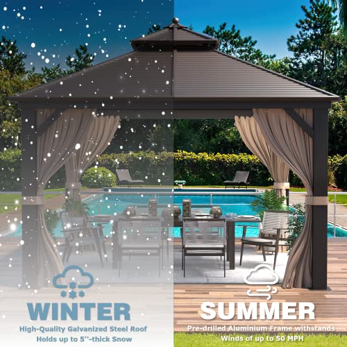 MELLCOM 12'x16' Hardtop Gazebo, Galvanized Steel Metal Double Roof Canopy with Curtains and Netting