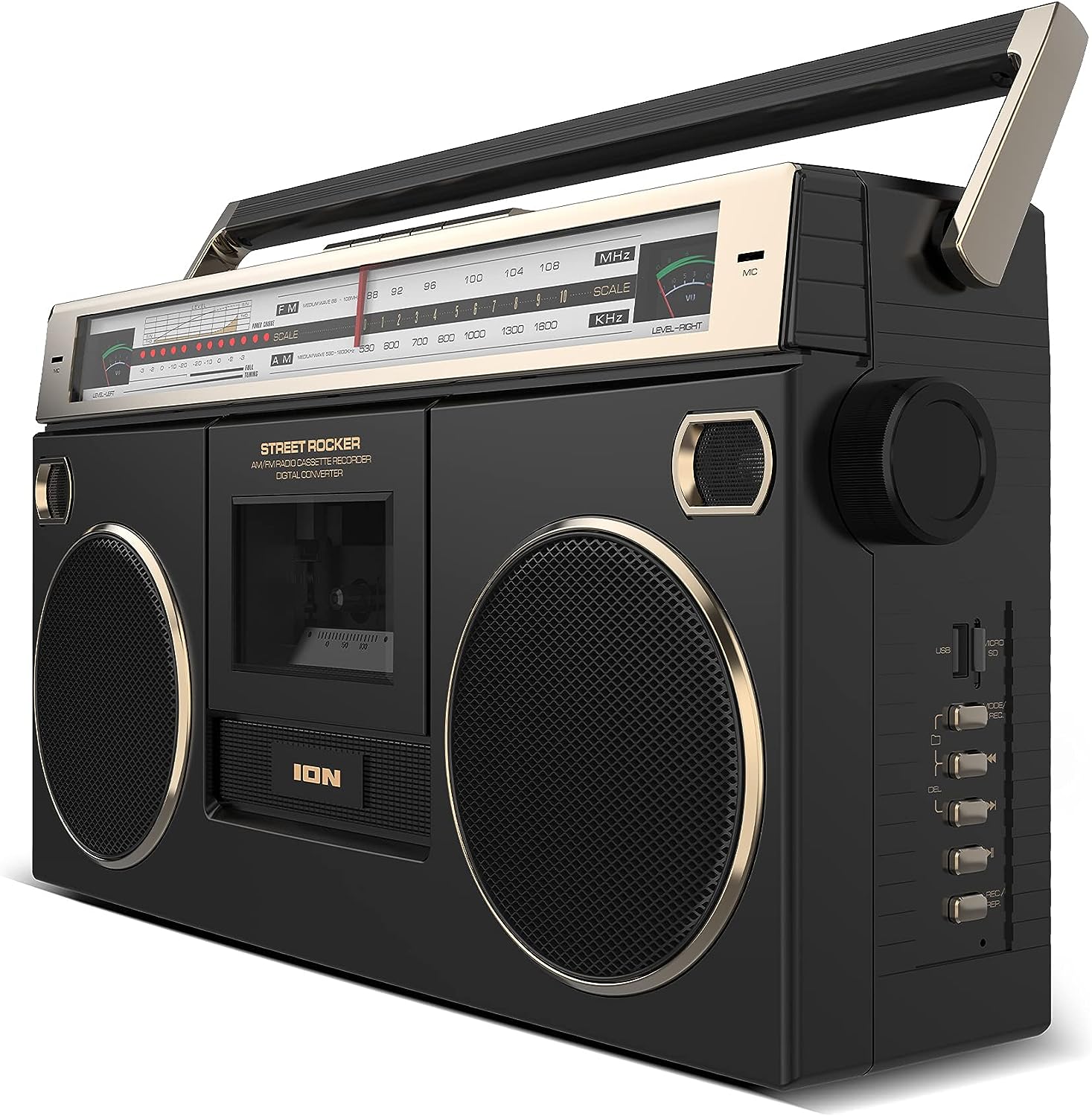Ion Audio 1980S-Style Portable Bluetooth Boombox AM/FM Radio Cassette Player Recorder, VU Meters, USB Recording