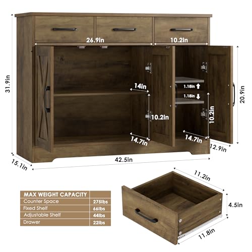 HOSTACK Modern Farmhouse Sideboard Buffet Cabinet, Barn Doors Buffet Storage Cabinet with Drawers and Shelves