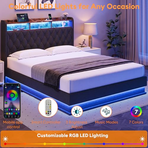Queen Bed Frame with Storage - Lift Up Queen Size Bed Frame with Headboard, Upholstered Platform Bed with LED Lights & Charging Station