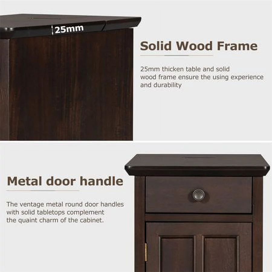 Churanty Vintage End Table with USB Ports Drawer and Cup Holders, Sofa Side Table Bedside Nightstand Narrow Table for Living Room Bedroom