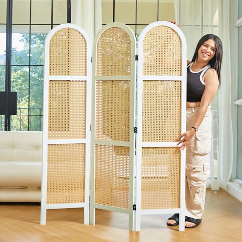 Room Divider and Folding Privacy Screens, Pine Wood 5.6 Ft Double Hinged Rattan Partition Freestanding Wall Room Divider for Home - 3 Panels