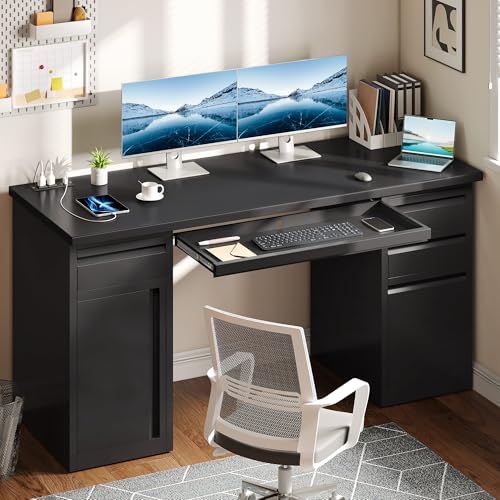 YITAHOME Office Desk with 5 Drawers, Executive Desk with Power Outlets, 57 Inch Computer Desk with File Cabinet, Keyboard Tray