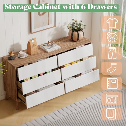 AMERLIFE 6 Drawer Dresser for Bedroom, 60" Mid-Century Wood Storage Closet Chest of Beveled Drawers, Modern TV Stand Dressers Organizer for Bedroom