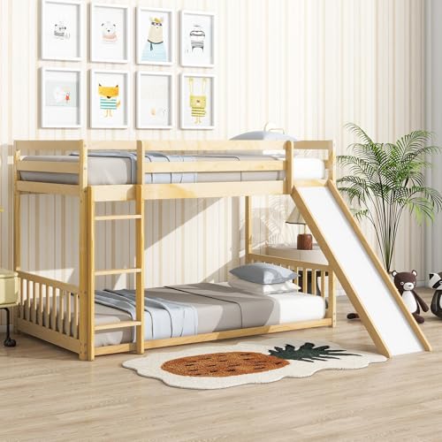 Bunk Beds Twin Over Full Size, Pine Solid Wooden Bunk Bed with Slide, Storage Staircase, Safety Guardrails for Kids, White