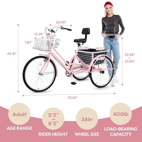 26 Inch Tricycle for Adults, 7 Speed Beach Cruiser Bike Adult Tricycles for Women Men, 3 Wheel Bikes for Adults Large Seat with Backrest