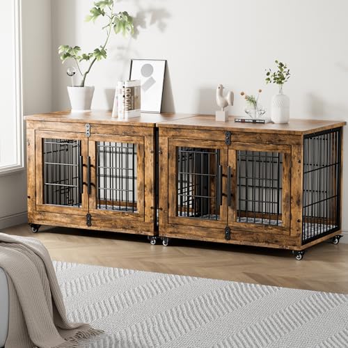 Lulive Dog Crate Furniture for Medium Dogs, 32'' Dog Kennel Indoor with Cushion & Wheels Wooden Dog Cage Double Doors Dog Crate End Table, Grey