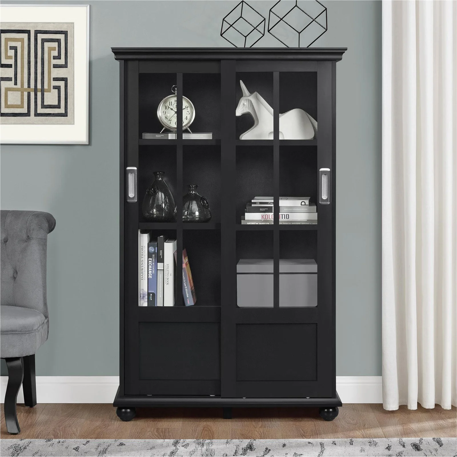 Ameriwood Home Aaron Lane Bookcase with Sliding Glass Doors, Black