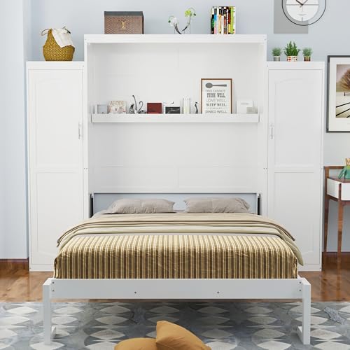 Harper & Bright Designs Full Size Murphy Bed, Wood Full Wall Bed with Two Closets and Storage Shelf