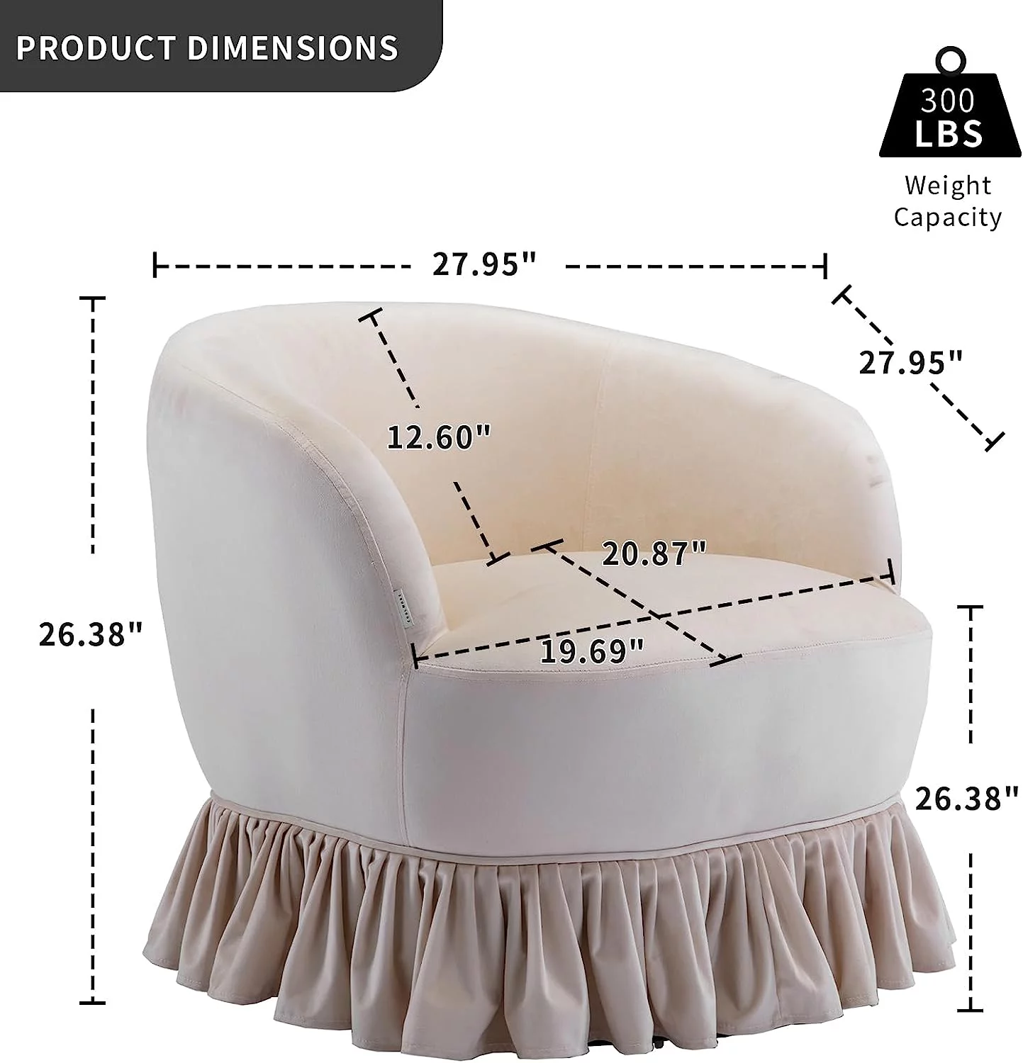 Tabaray Swivel Barrel Chair with Pleated Skirt, 360 Degree Swivel Barrel Club Chair, Comfy Velvet Round Sofa Chair for Living Room