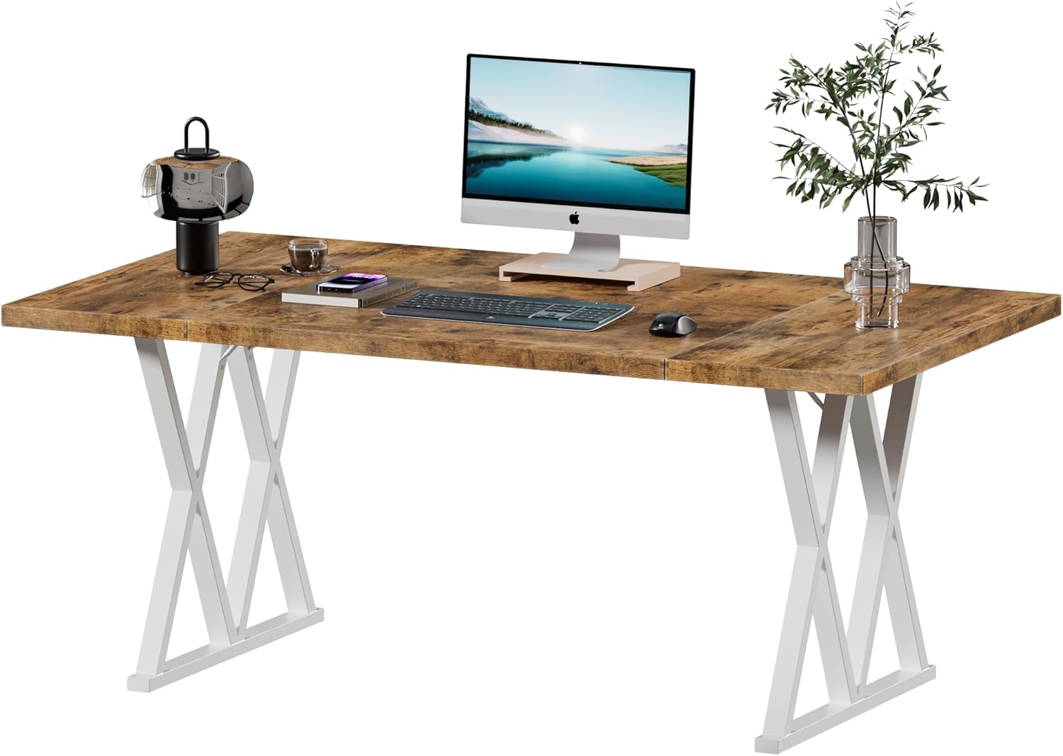70.8 Inches Home Office Computer Desk, Large Executive Desk with X Shaped Metal Legs & Adjustable Feet