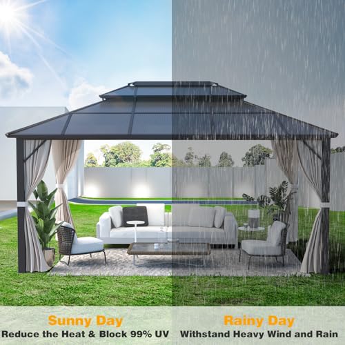 MELLCOM 10'x13' Hardtop Gazebo with Polycarbonate Double Roof, Aluminum Frame Outdoor Gazebo Permanent Pavilion with Curtains and Netting for Patio
