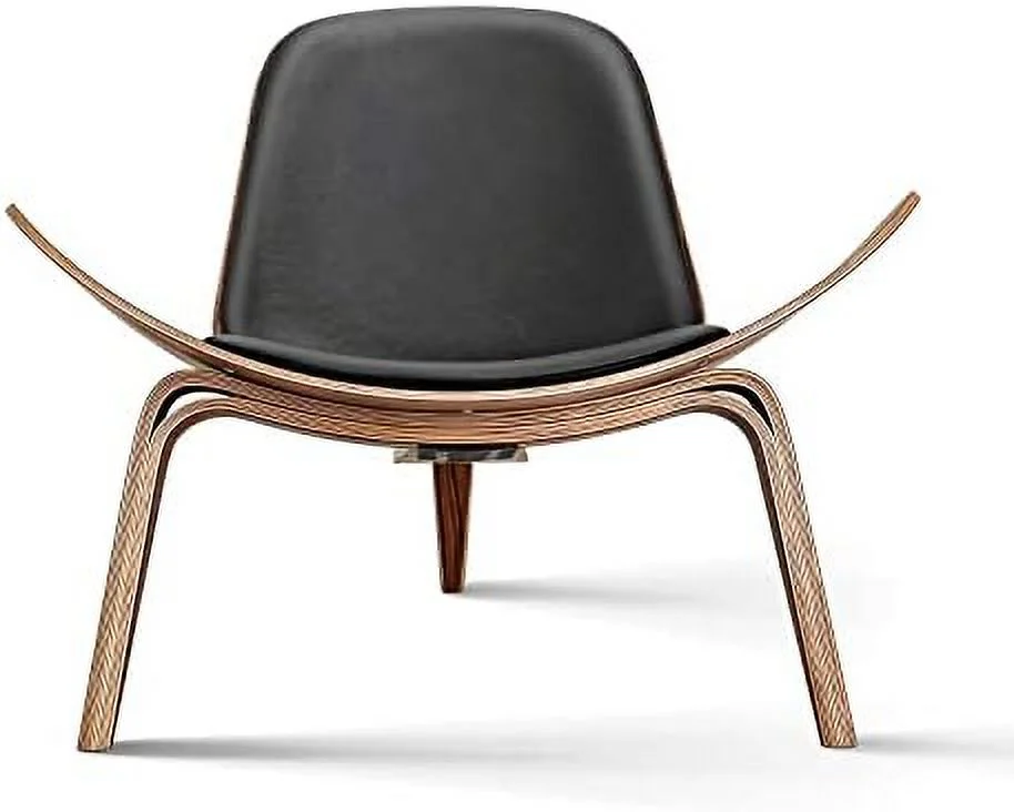 TJUNBOLIFE Mid Century Modern Shell Lounge Chair PU Leather Tripod Plywood Classic Design Solid Wood Accent Chairs for Living Room Reading Lounge