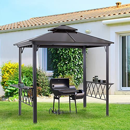 Outsunny 9' x 5' Grill Gazebo, Hardtop BBQ Gazebo Canopy with 2-Tier Polycarbonate Roof, Shelves Serving Tables and Hooks