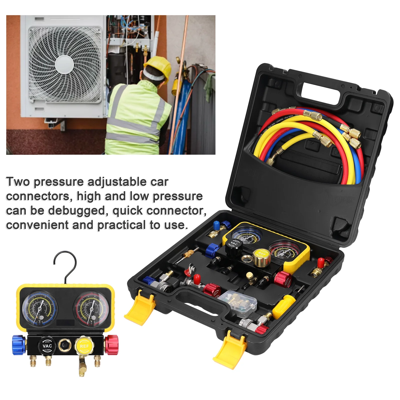 Anself Dual Gauges Air Conditioner Refrigerant Refilling Set Pressure Adjustable Refrigeration Maintenance Equipment Kit Brass Connection