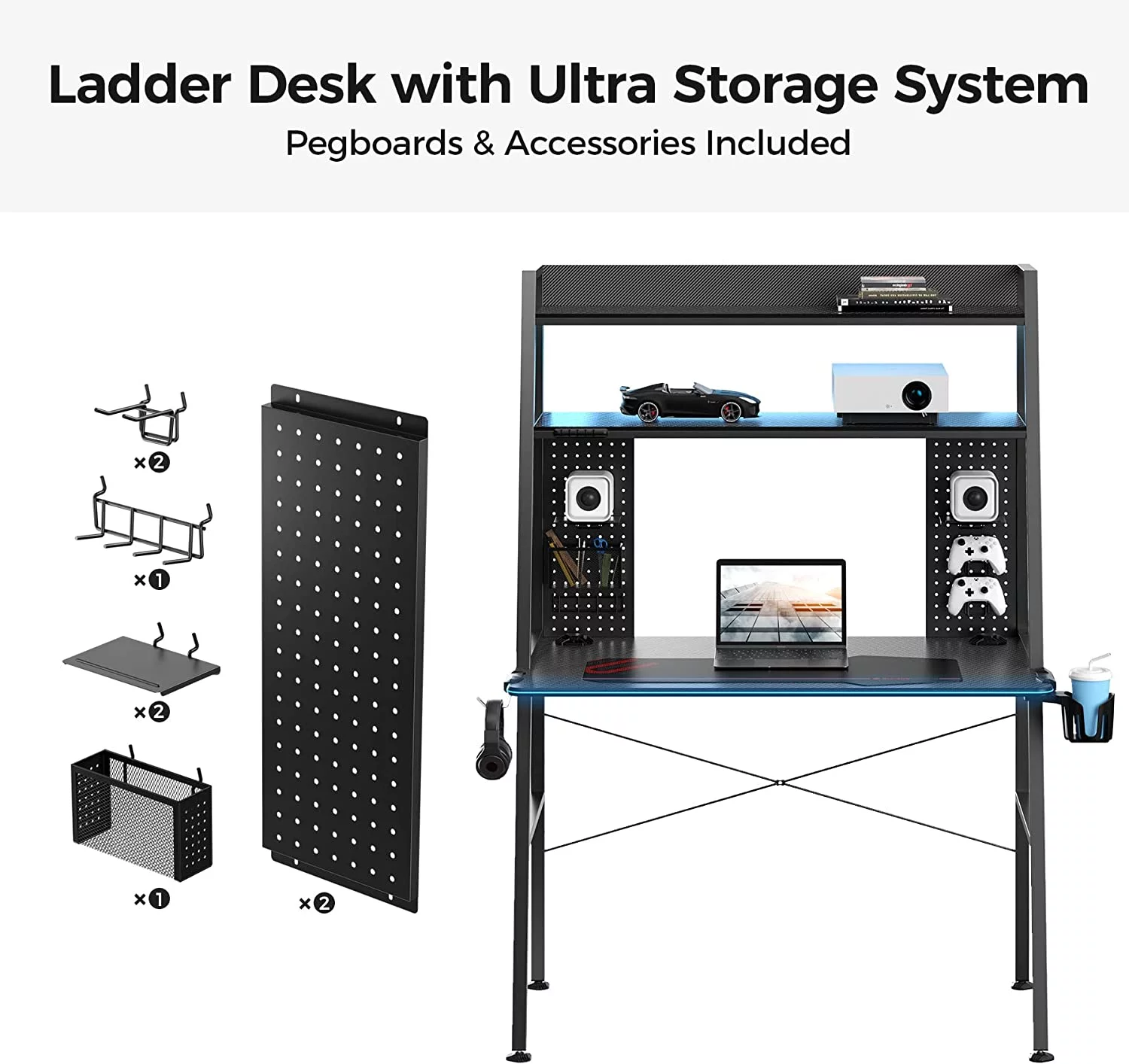 KHBIULIFE ERGONOMIC LED Gaming Desk with Shelves  Dual Pegboards  43''