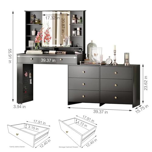Large Makeup Vanity Desk with Mirror and Lights, Vanity Desk with 8 Drawers & Storage Shelves, Vanity Table with Power Outlet