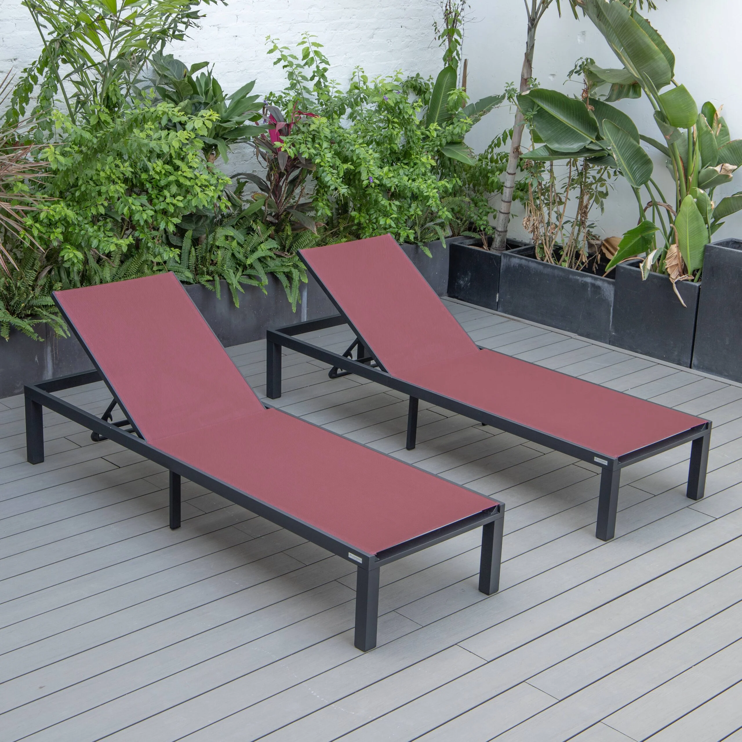 LeisureMod Marlin Poolside Outdoor Patio Lawn and Garden Modern Black Powder Coated Aluminum Frame Suntan Sling Chaise Lounge Chair