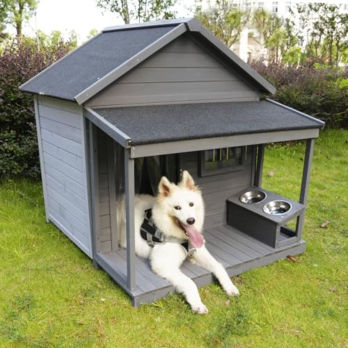 Outdoor Wooden Dog House,Waterproof Kennel with Deck and Sloped Roof,High Stability Pet Dog Cage for Small/Medium Puppy