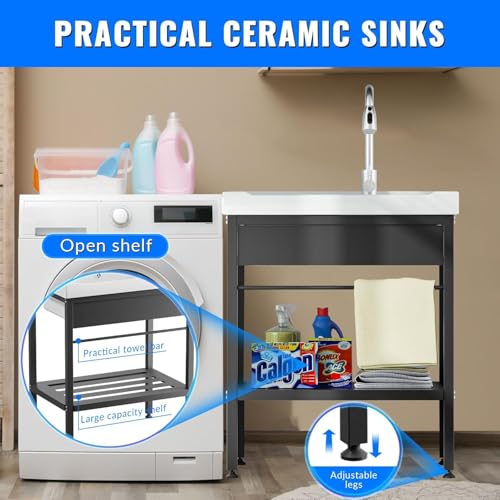 Stainless Steel Utility Sink, 36.6" × 24.2" × 36.6"Freestanding Sink with Cold and Hot Water Faucet,Hoses and Drain Kit for Kitchens, Bathrooms