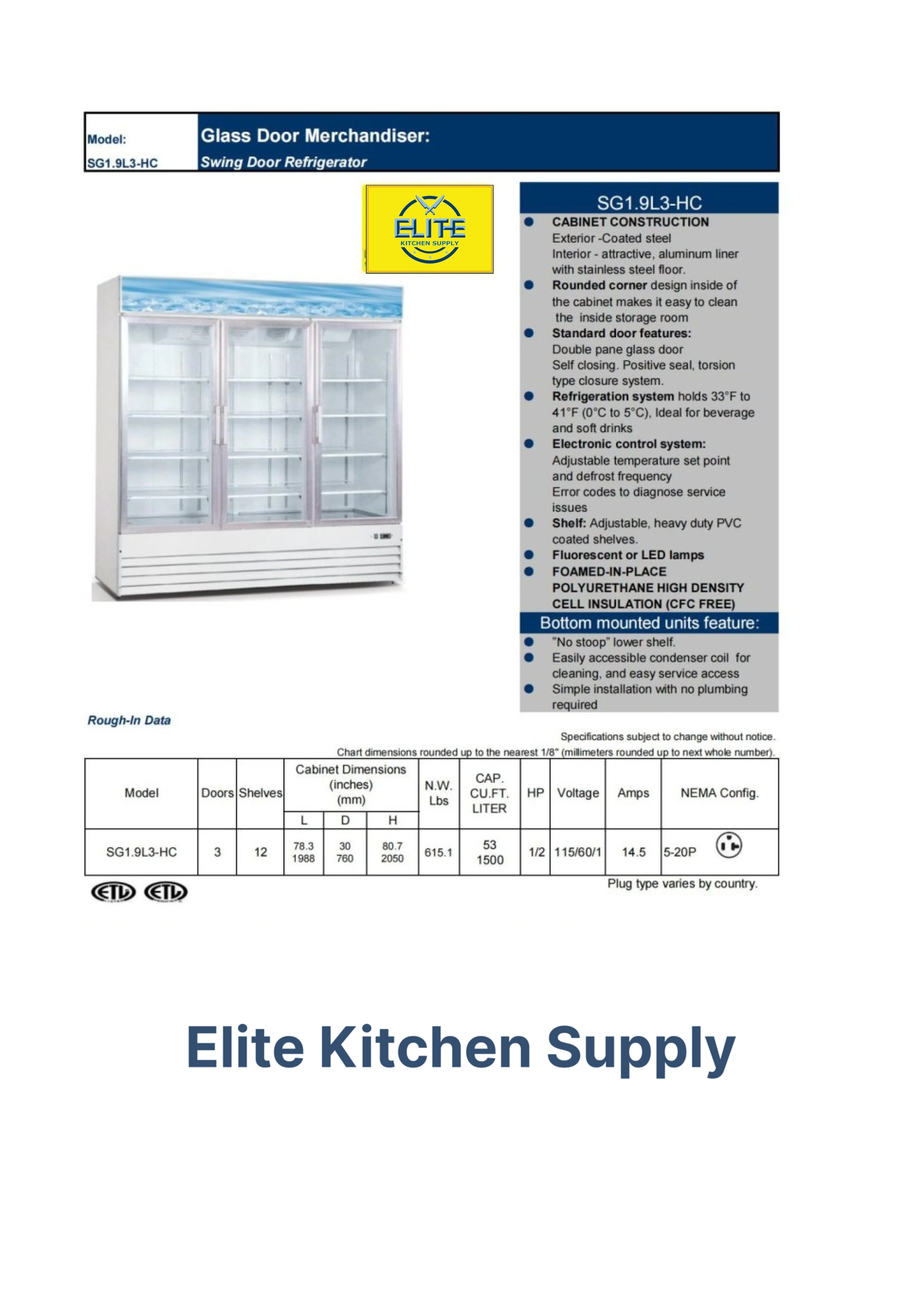 78 in. Three Glass Door Merchandiser Cooler Commercial Refrigerator, 53 Cu. ft.