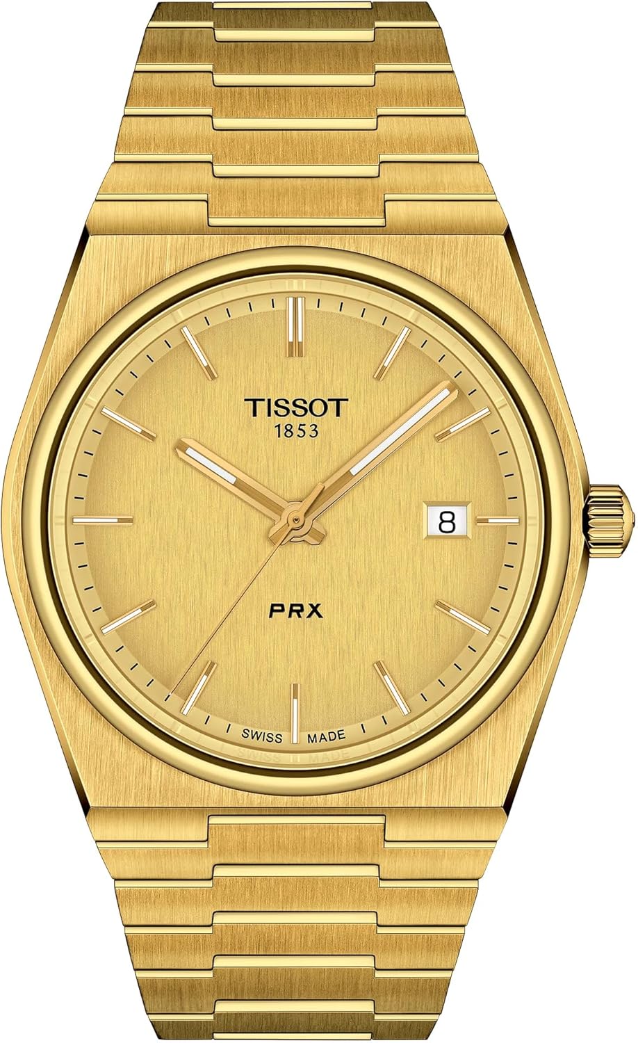 Tissot Mens PRX 316L Stainless Steel case with Yellow Gold PVD Coating Quartz Watch, Yellow, Stainless Steel, 12 (T1374103302100)