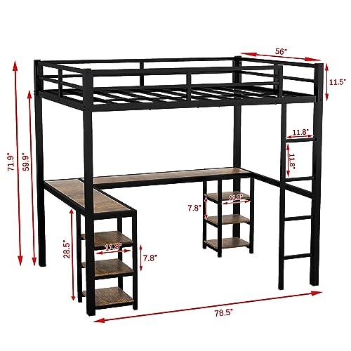 Harper & Bright Designs Full Size Loft Bed with Wardrobe and L-Shaped Desk, Metal Loft Bed with Storage Cubes, Cabinet, Shelves for Kids Teens, White