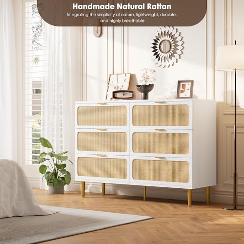 Rattan 5 Drawer Dressers for Bedroom, Tall Dresser with Deep Drawers, Large Chest of Drawers for Closet with Wide Top