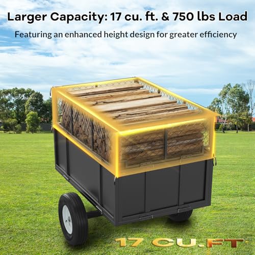 Heavy Duty 750 Lbs Utility Trailer – 17 Cu Ft ATV Dump Trailer with Removable Sides, Pneumatic Tires & Quick-Dump Pull-Behind Yard Cart for Tractors