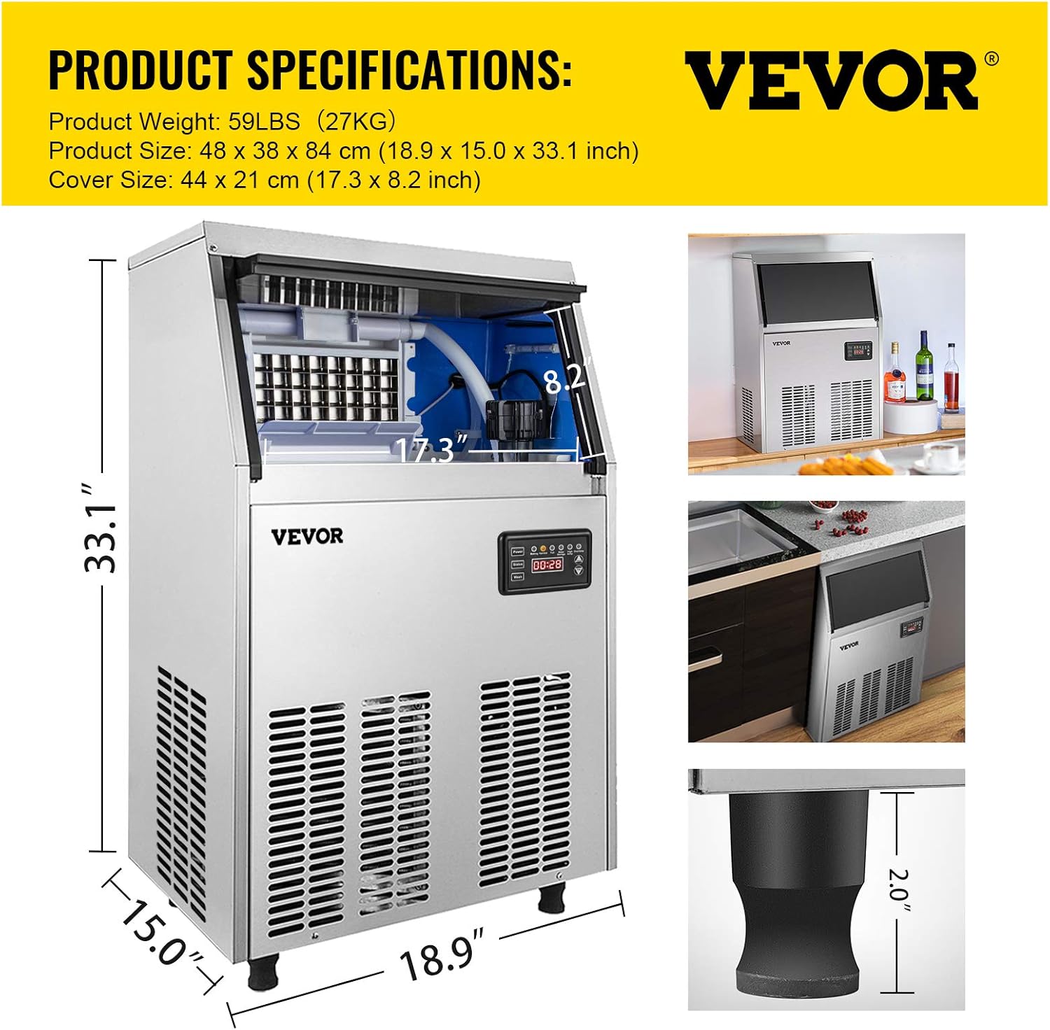 VEVOR 110V Commercial Ice Maker 80-90LBS/24H with 33LBS Bin, Full Heavy Duty Stainless Steel Construction, Automatic Operation